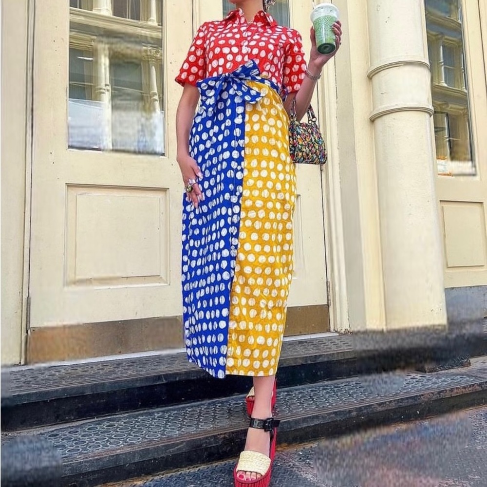 Busayo Collective Color-block Dot Shirt Maxi Dress Button Short Sleeve - Size 4 - Picture 5 of 14
